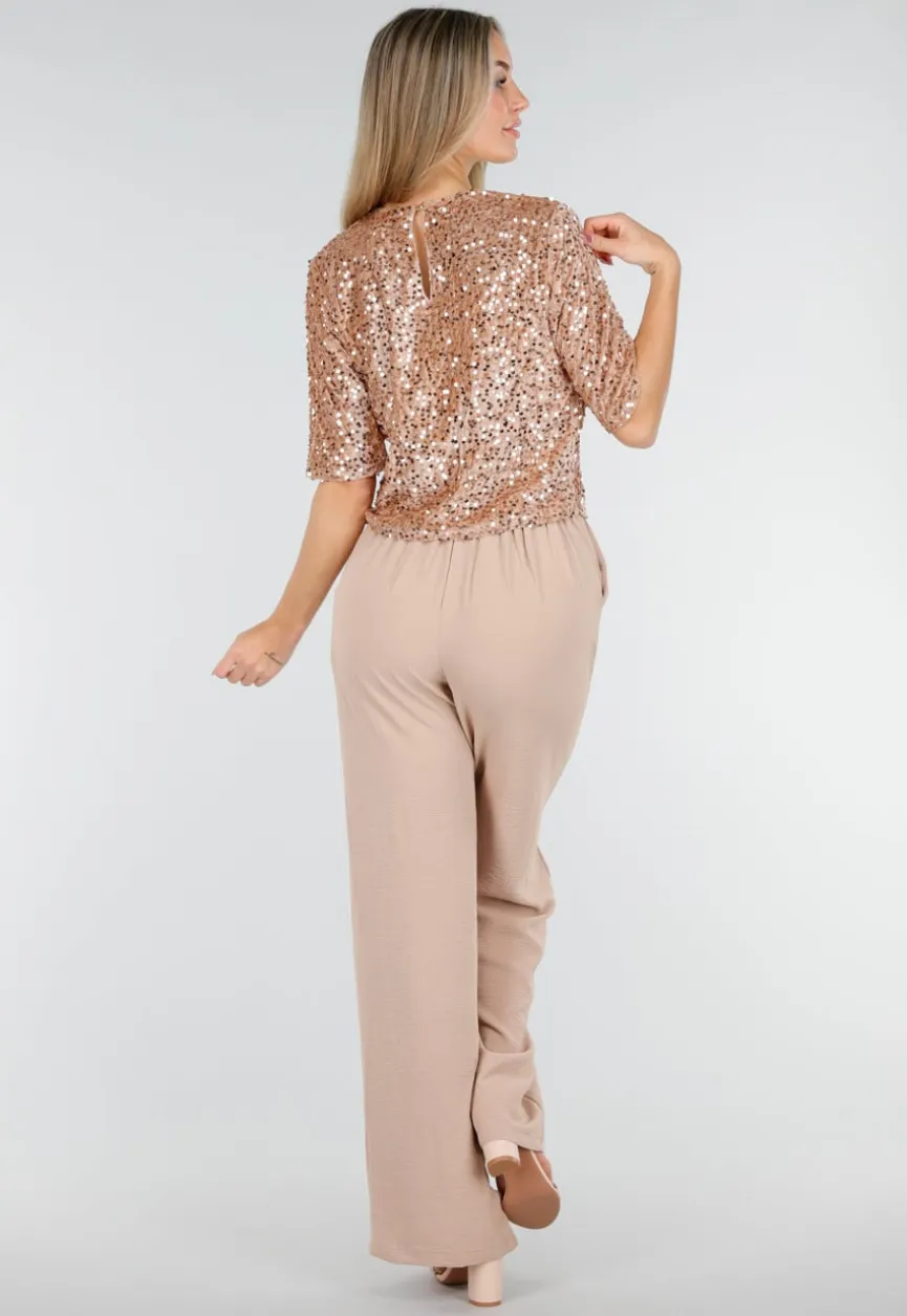 Beige Pailletten Top met Korte Mouwen en Ronde Hals