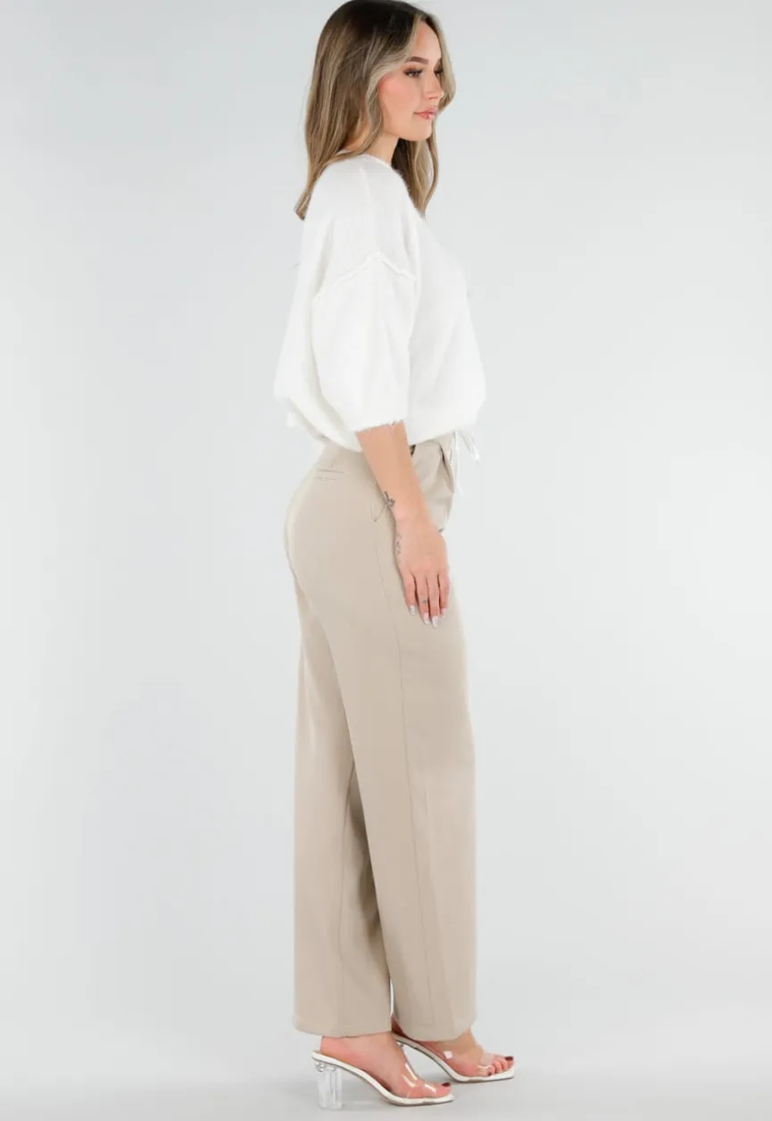 Beige Pantalon met Stretch en Trekkoord Taille