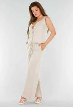 Beige 2-Piece Set met Wijde Broek en Striksluitingen