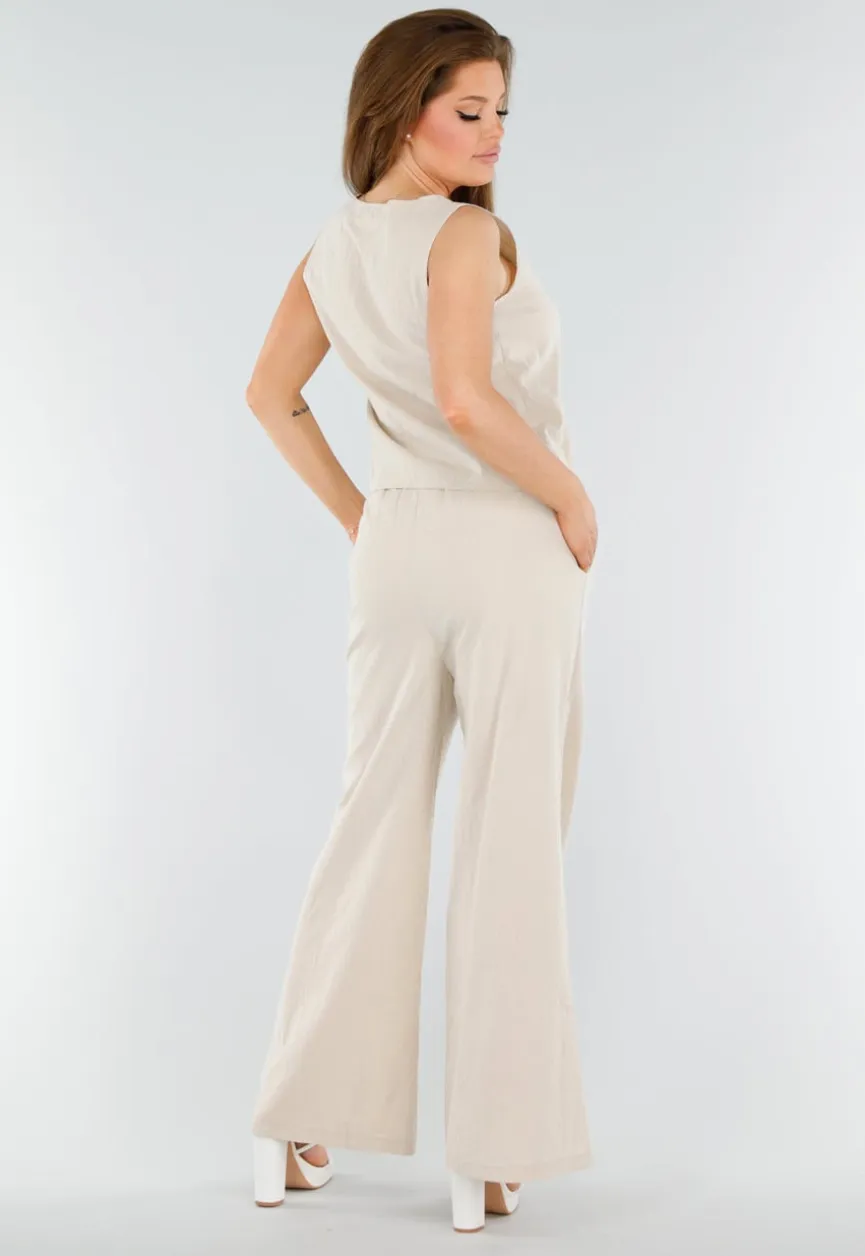 Beige 2-Piece Set met Wijde Broek en Striksluitingen