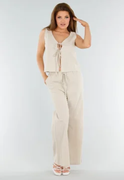 Beige 2-Piece Set met Wijde Broek en Striksluitingen