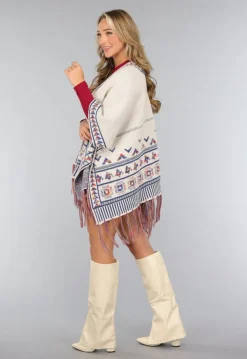 Beige Print Cardigan met Franjes