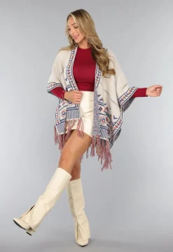 Beige Print Cardigan met Franjes
