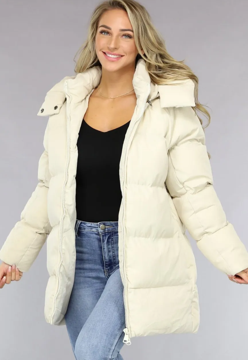Beige Puffer Jas met Afritsbare Capuchon
