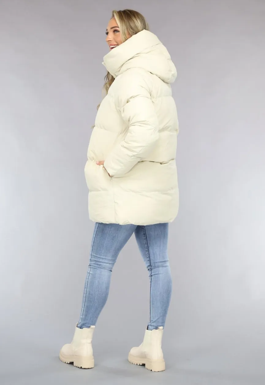 Beige Puffer Jas met Afritsbare Capuchon