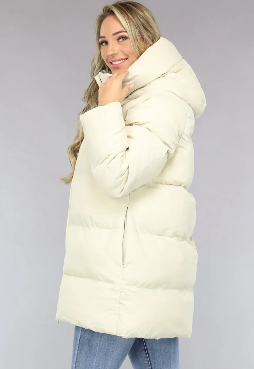 Beige Puffer Jas met Afritsbare Capuchon