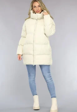 Beige Puffer Jas met Afritsbare Capuchon