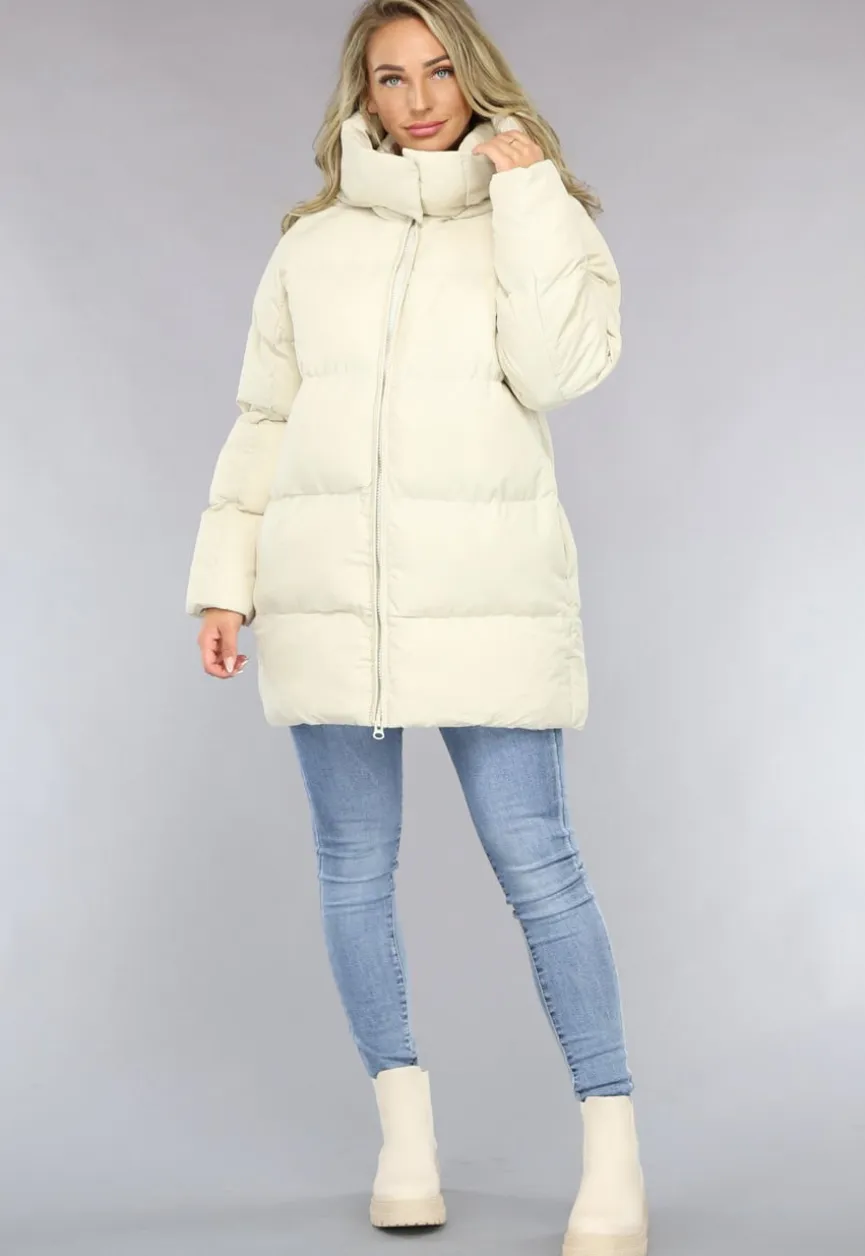 Beige Puffer Jas met Afritsbare Capuchon