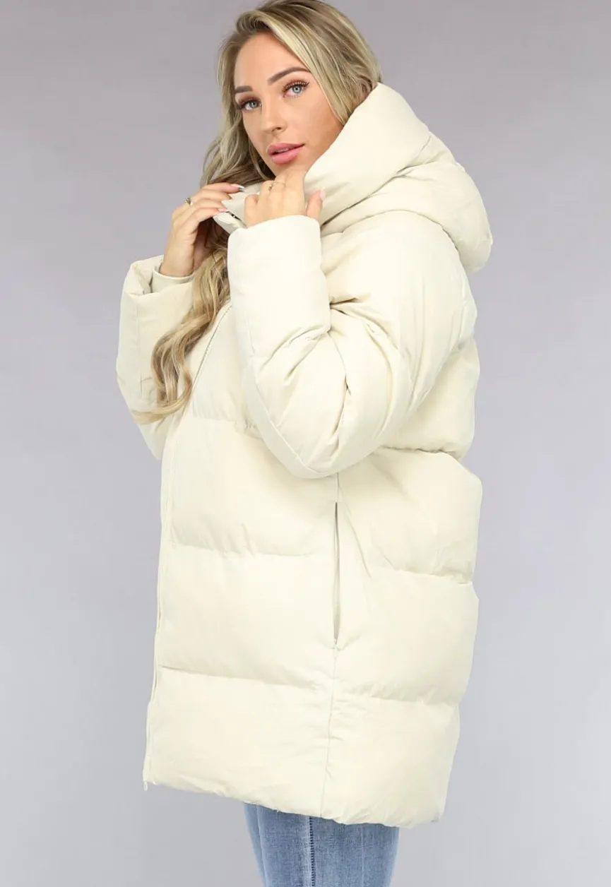 Beige Puffer Jas met Afritsbare Capuchon