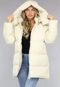 Beige Puffer Jas met Afritsbare Capuchon