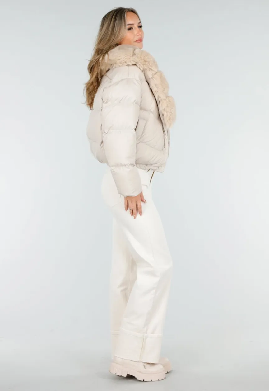 Beige Pufferjas met Bontkraag en Drukknopen