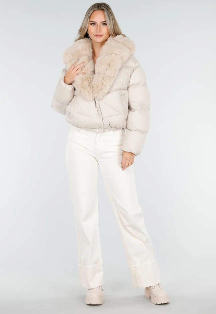 Beige Pufferjas met Bontkraag en Drukknopen