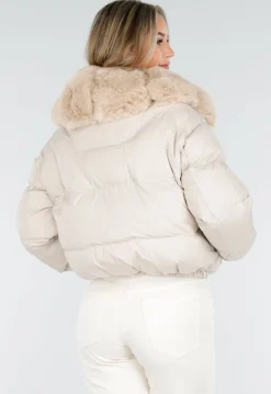 Beige Pufferjas met Bontkraag en Drukknopen