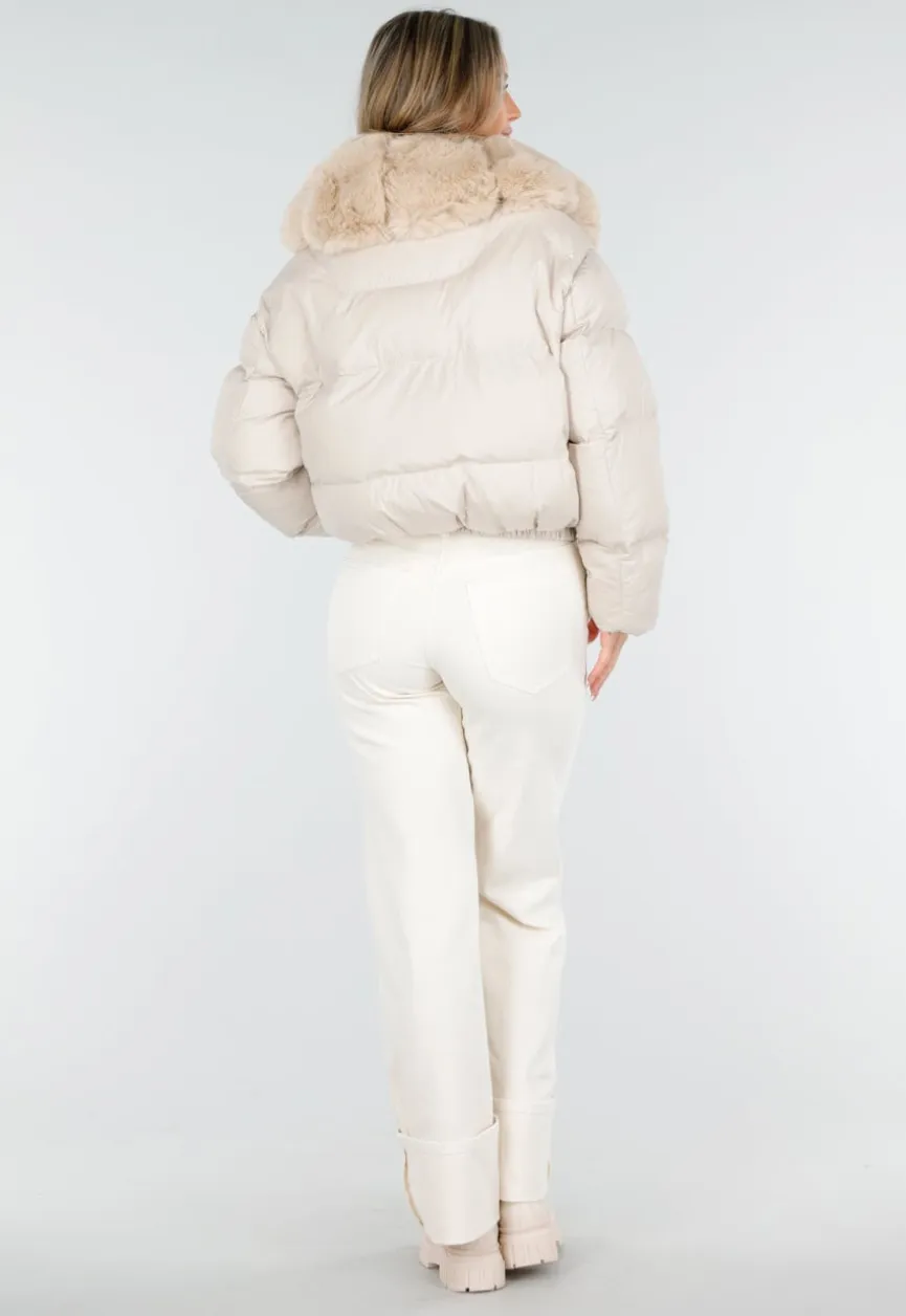 Beige Pufferjas met Bontkraag en Drukknopen