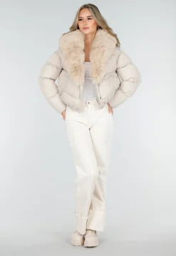 Beige Pufferjas met Bontkraag en Drukknopen
