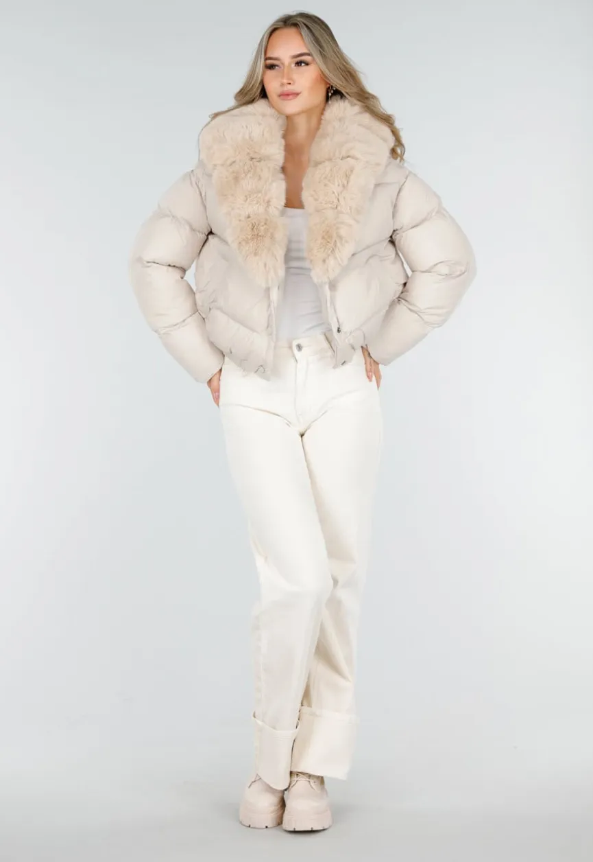 Beige Pufferjas met Bontkraag en Drukknopen