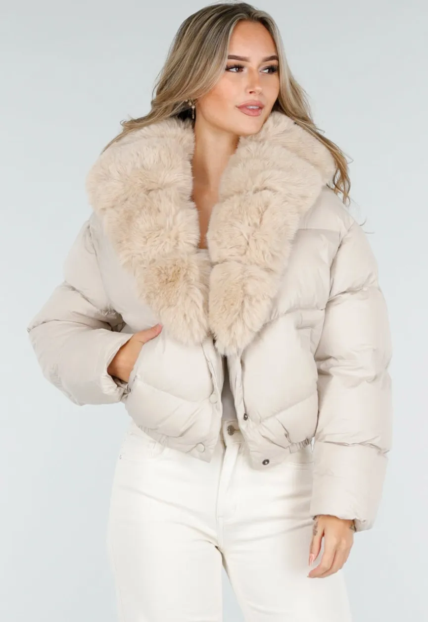 Beige Pufferjas met Bontkraag en Drukknopen
