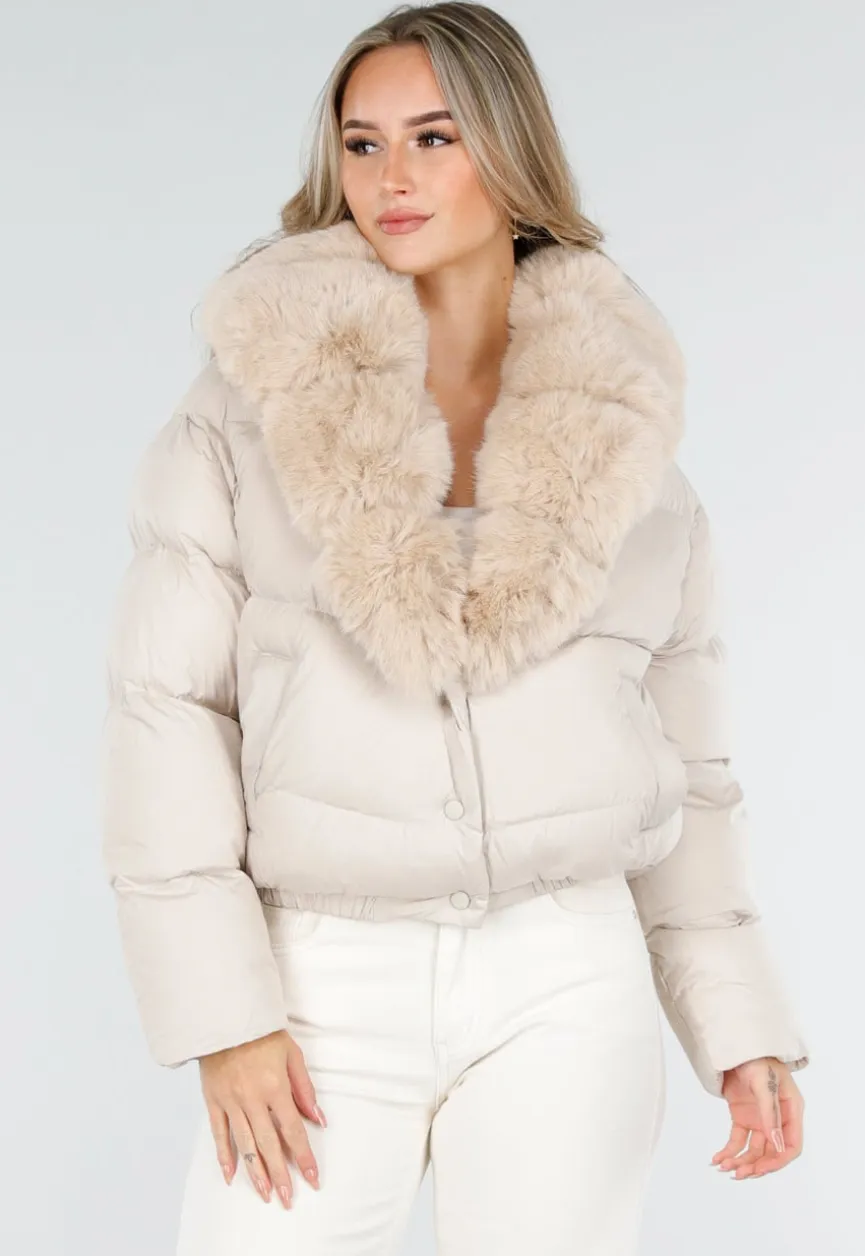 Beige Pufferjas met Bontkraag en Drukknopen