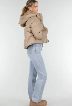 Beige Puffer Jas met Capuchon en Hoge Kraag