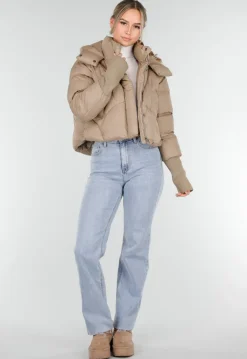 Beige Puffer Jas met Capuchon en Hoge Kraag