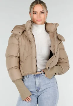 Beige Puffer Jas met Capuchon en Hoge Kraag