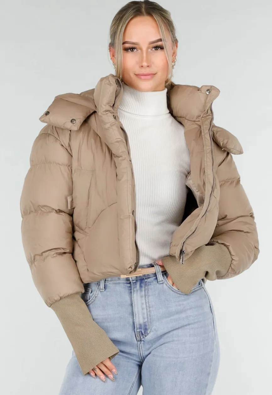 Beige Puffer Jas met Capuchon en Hoge Kraag