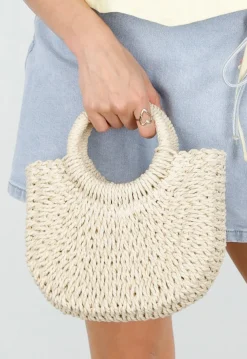 Beige Raffia Handtas met Rond Handvat en Schouderband