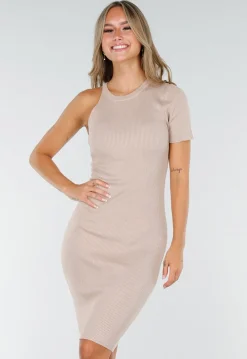 Beige Ribstof Midi Jurk met Enkele Mouw
