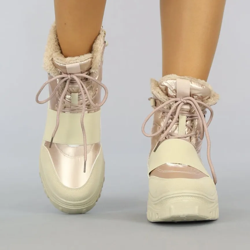 Beige/Rosé Snowboots met Elastische Band