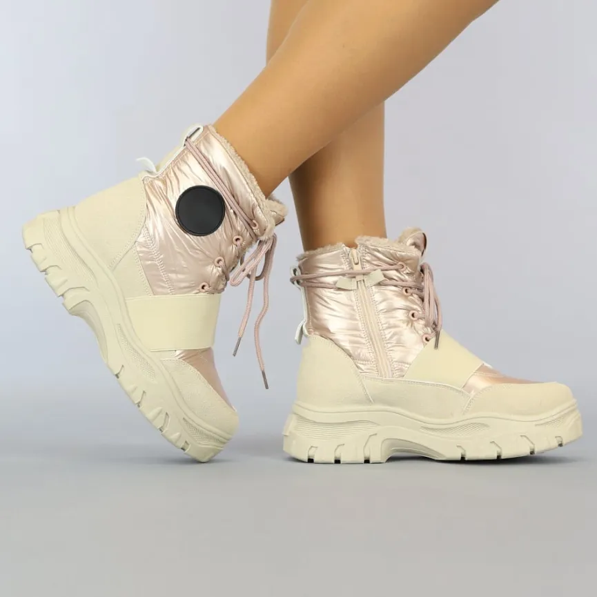 Beige/Rosé Snowboots met Elastische Band