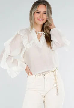 Beige Ruffle Blouse met Lange Mouwen en Striksluiting