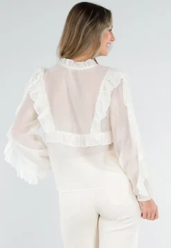 Beige Ruffle Blouse met Lange Mouwen en Striksluiting