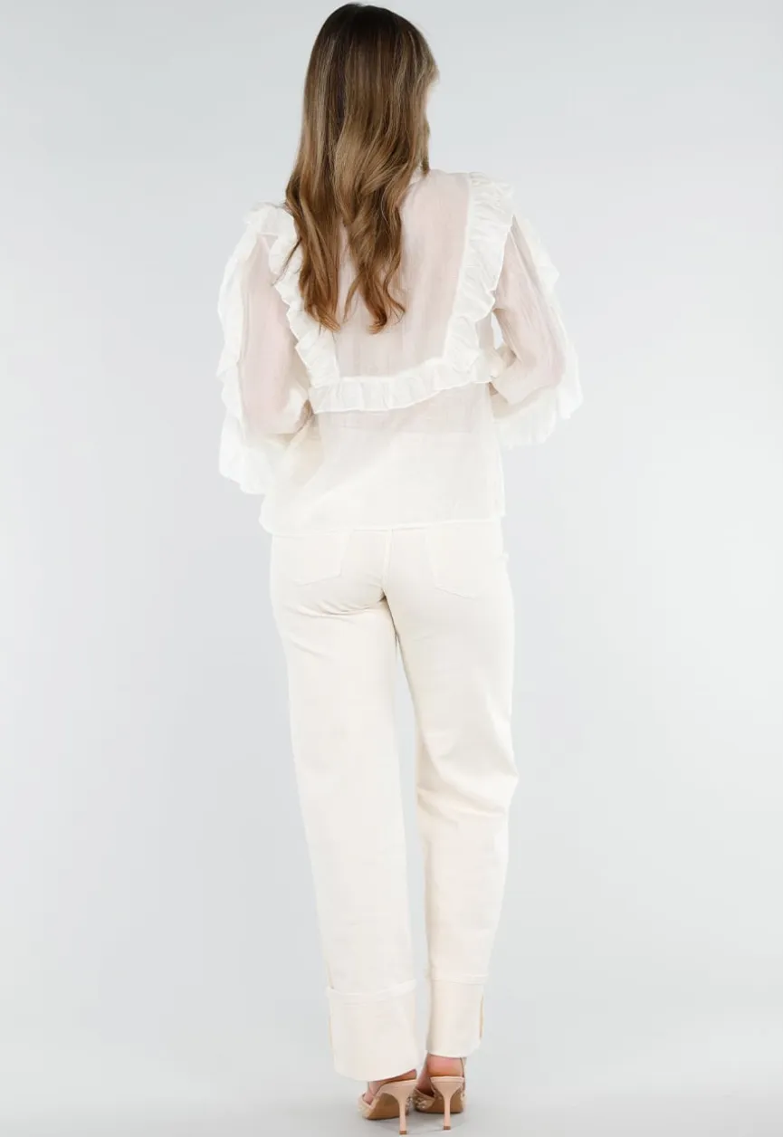 Beige Ruffle Blouse met Lange Mouwen en Striksluiting
