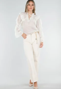 Beige Ruffle Blouse met Lange Mouwen en Striksluiting