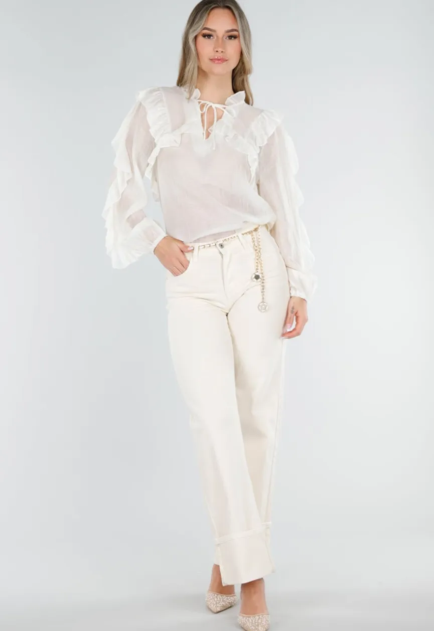 Beige Ruffle Blouse met Lange Mouwen en Striksluiting