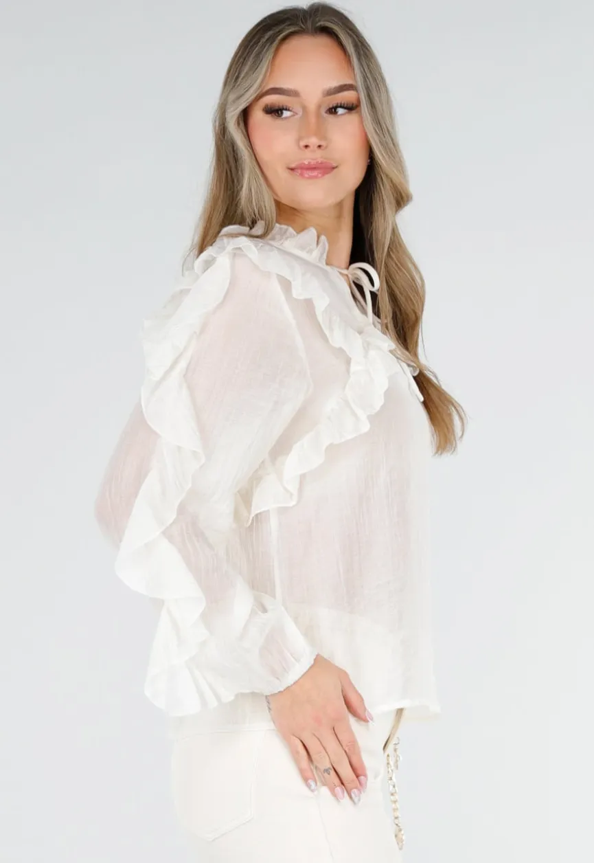 Beige Ruffle Blouse met Lange Mouwen en Striksluiting