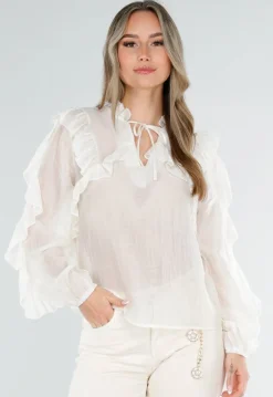 Beige Ruffle Blouse met Lange Mouwen en Striksluiting