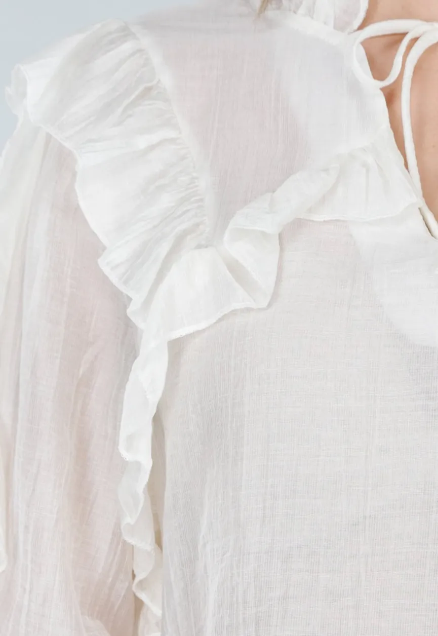 Beige Ruffle Blouse met Lange Mouwen en Striksluiting