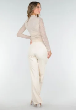 Beige See Through Kanten Top met Gedrappeerd Effect