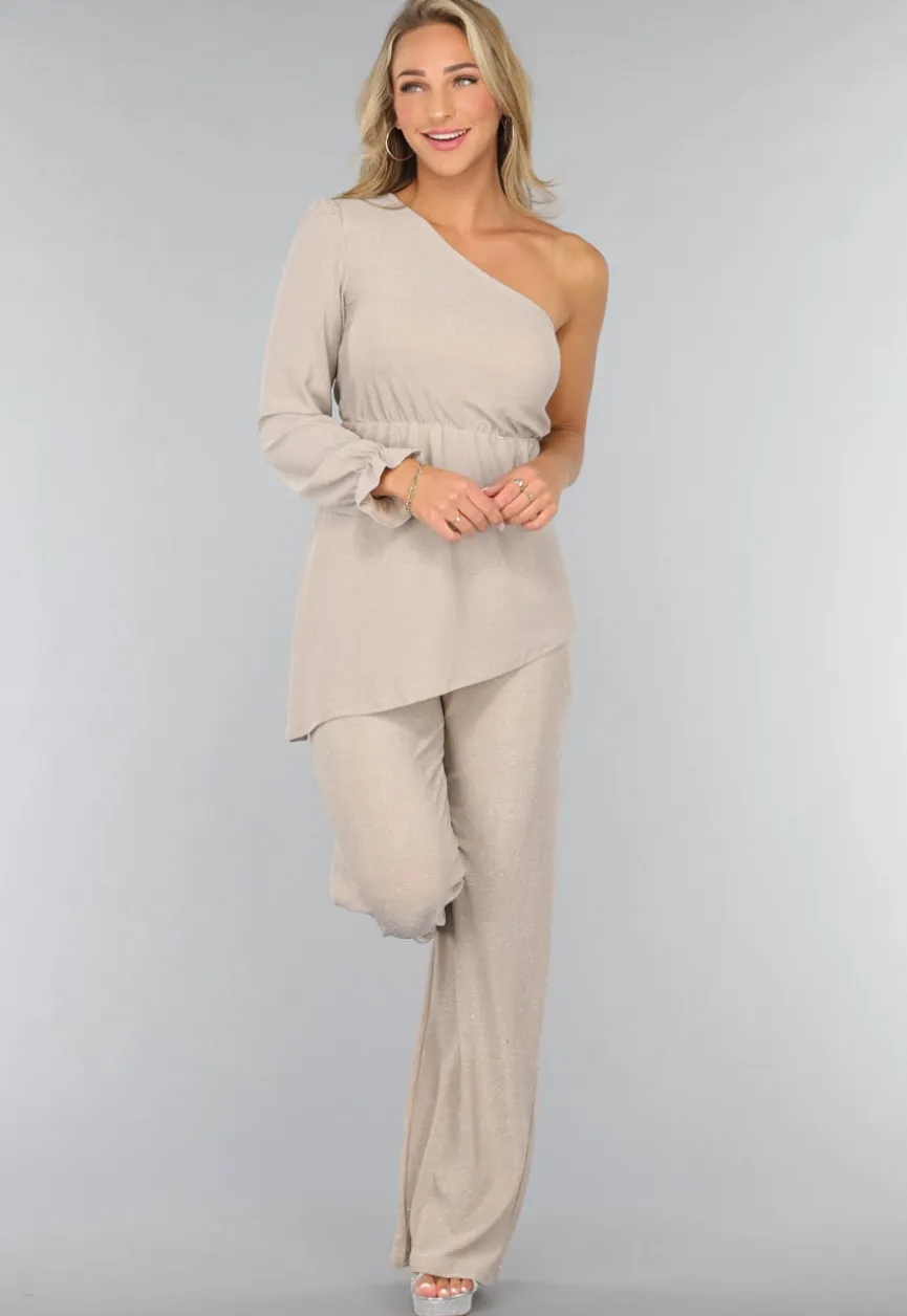 Beige Shimmer Top met Enkele Mouw