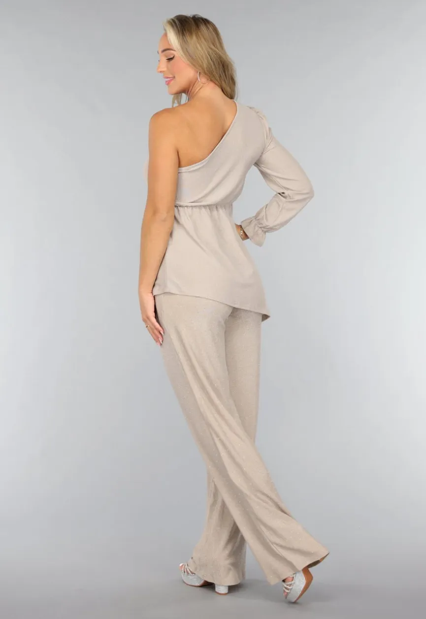 Beige Shimmer Top met Enkele Mouw