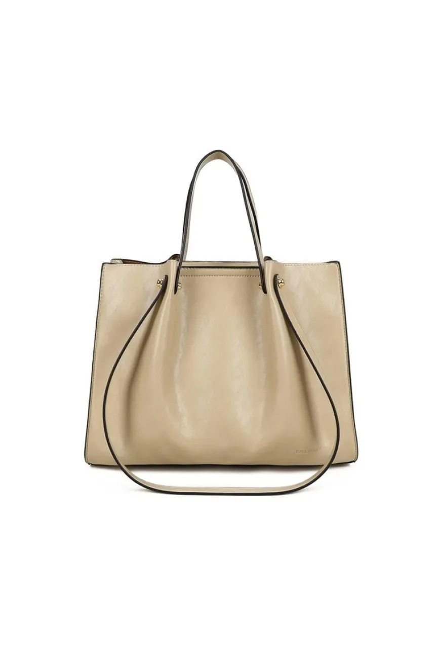 Beige Shopper met Dubbele Schouderhengsels en Plooivorming