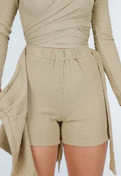 Beige Skort met Overslag en Strikdetail in Linnenlook Stof