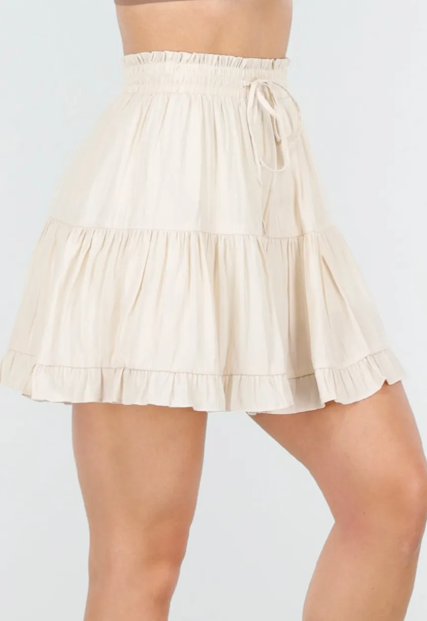Beige Skort met Volants en Elastische Tailleband
