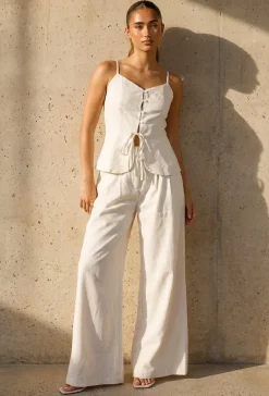 Beige Spaghettiband Top met Wide Leg Broek Set