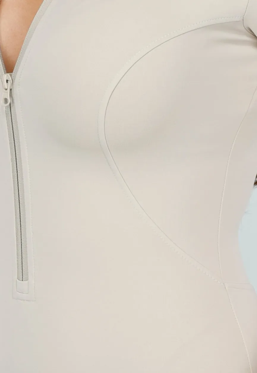 Beige Sport Jumpsuit met Korte Mouwen en Rits
