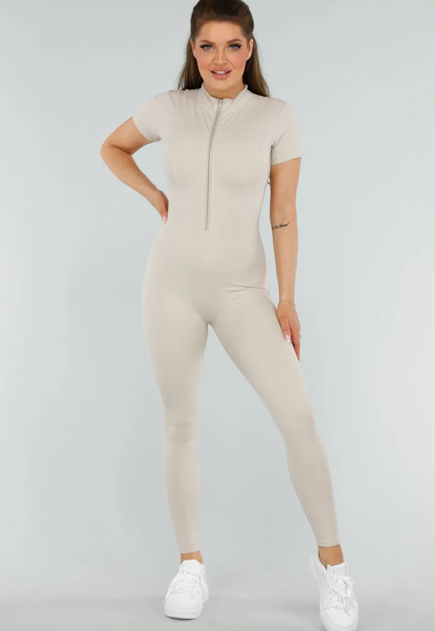 Beige Sport Jumpsuit met Korte Mouwen en Rits