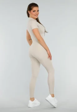 Beige Sport Jumpsuit met Korte Mouwen en Rits