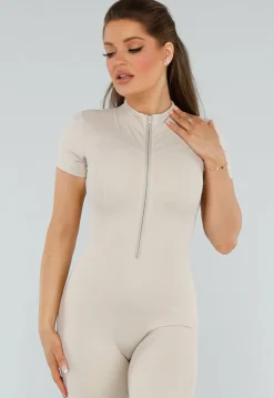 Beige Sport Jumpsuit met Korte Mouwen en Rits
