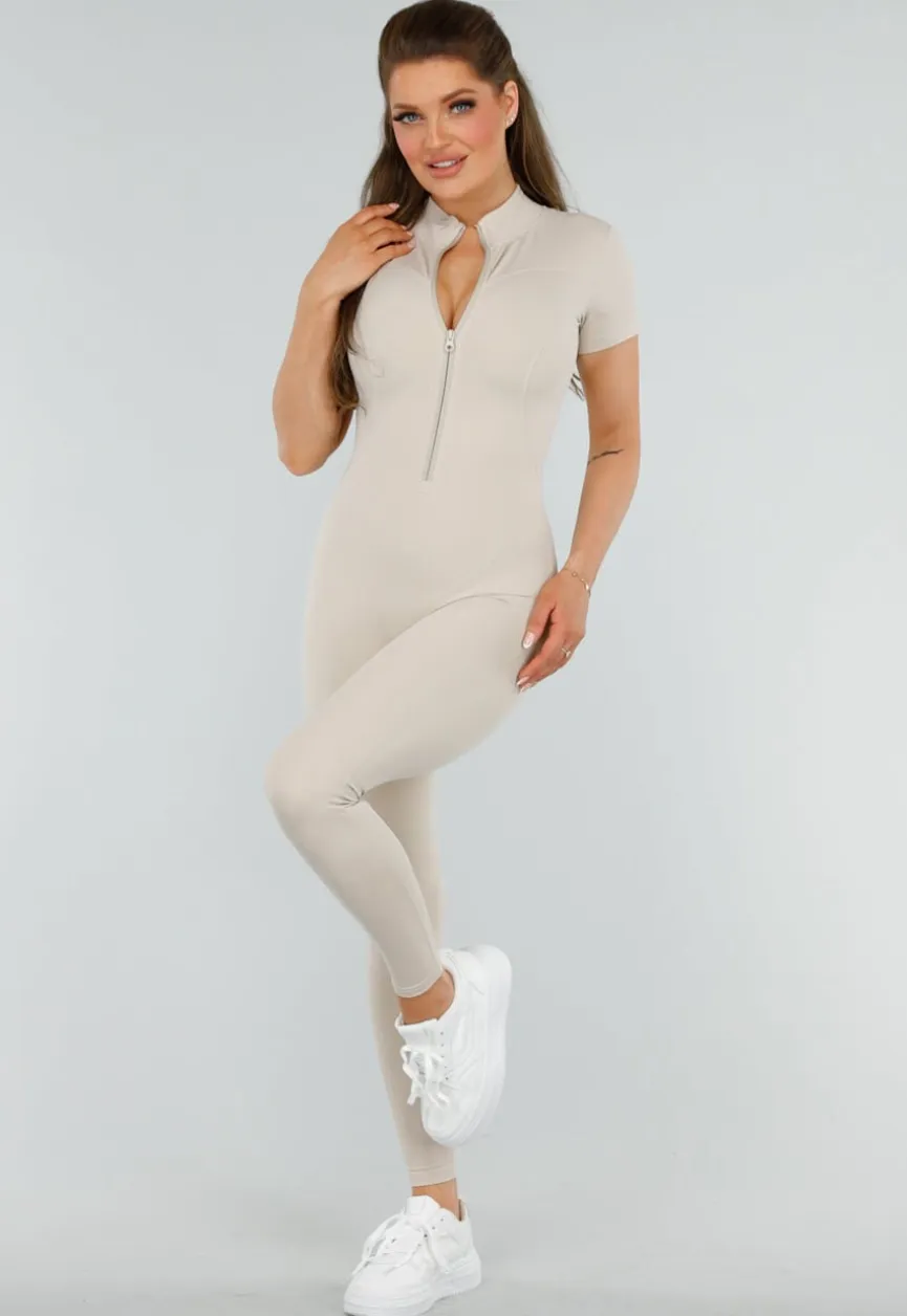 Beige Sport Jumpsuit met Korte Mouwen en Rits